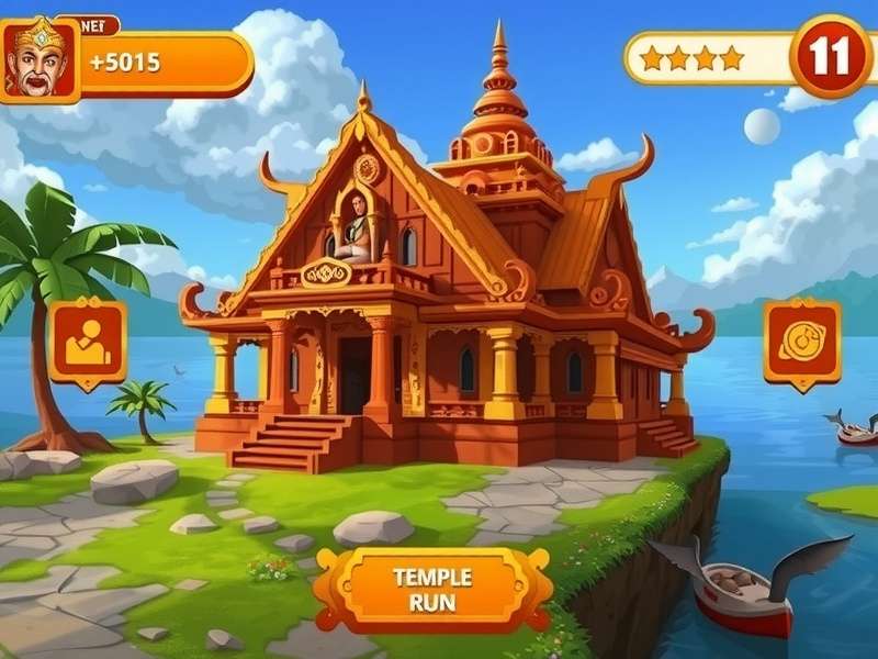 Temple Run Online gameplay on Poki platform showing character running through temple ruins