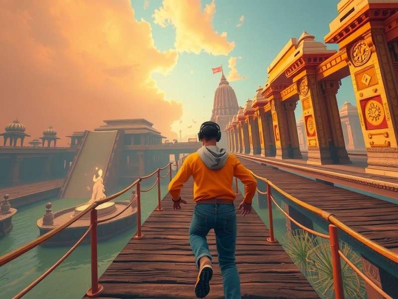 Player experiencing Temple Run VR with a headset, running through ancient ruins