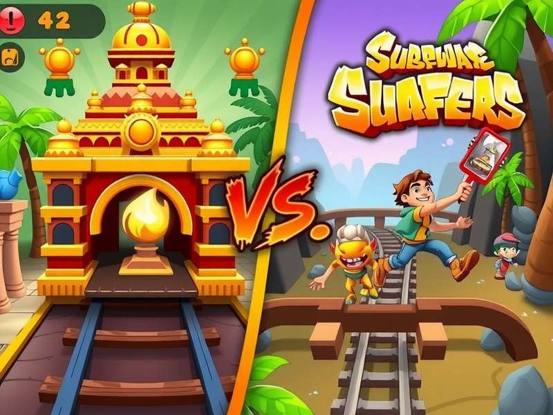 Side by side visual comparison of Temple Run and Subway Surfers gameplay on mobile phones
