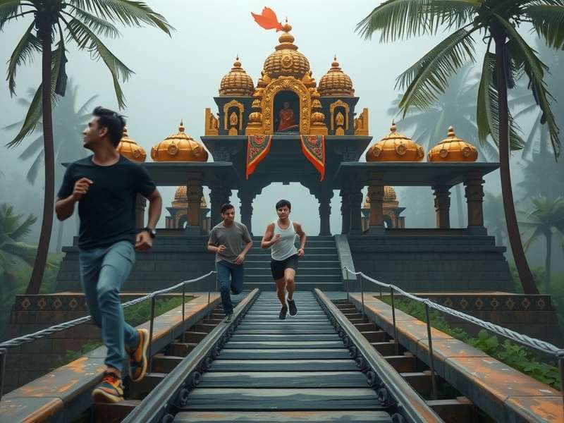 Ancient Indian temple corridor with intricate carvings