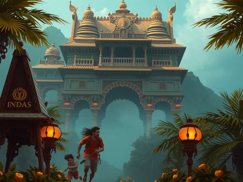 Concept art for Temple Run movie adaptation showing adventurer running from demonic monkeys in ancient temple
