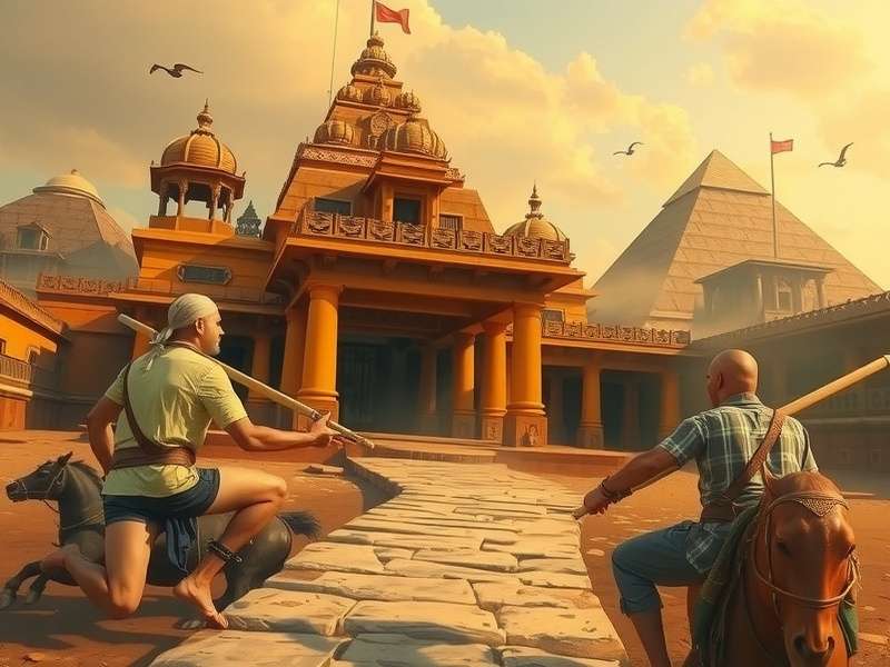 Ancient Indian temple ruins with intricate carvings