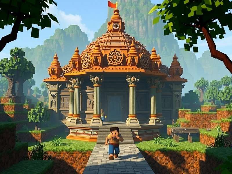 Minecraft gameplay showing temple run inspired parkour course with traps and obstacles