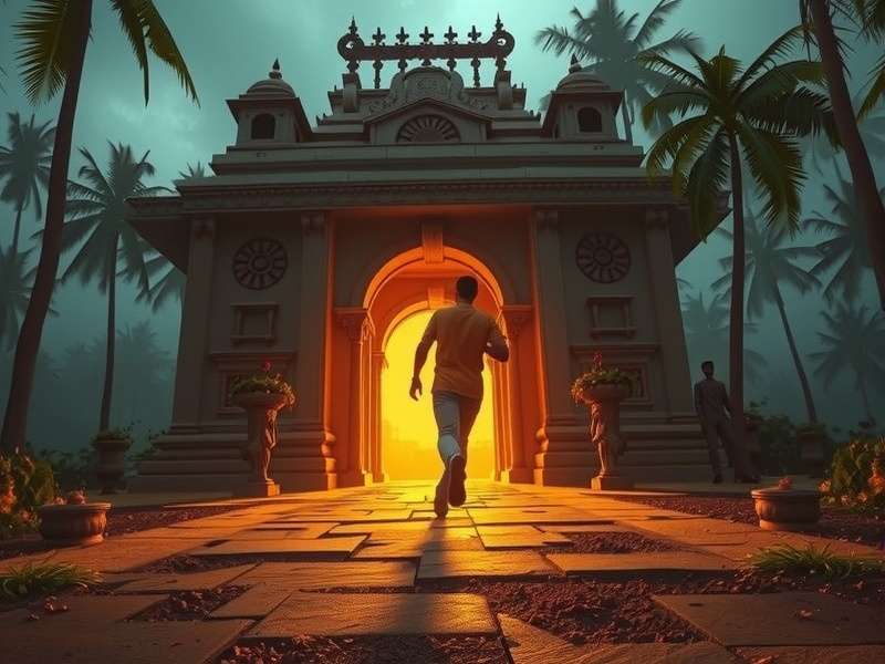 Concept art for Temple Run Malayalam movie showing an adventurer running from a demonic monkey in an ancient temple