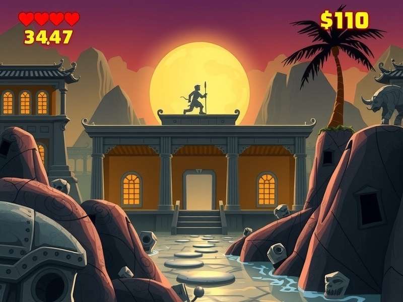 Temple Run Online Play 3 gameplay screenshot showing character running through an ancient Indian temple corridor