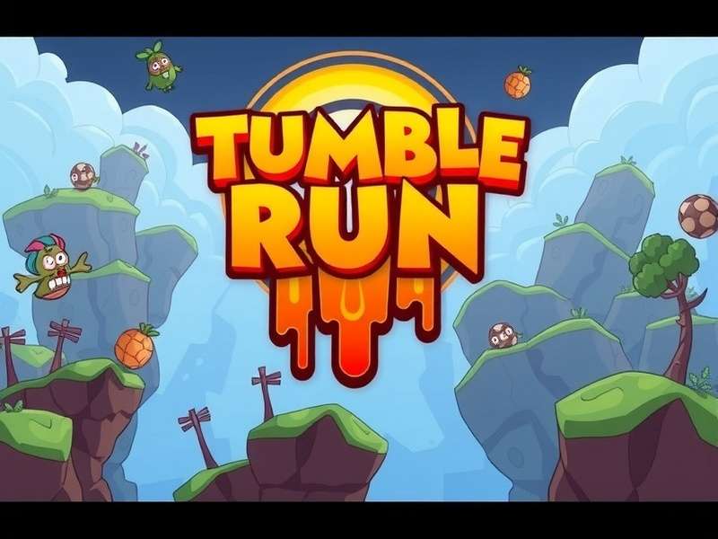 Dynamic gameplay screenshot of Tumble Run showing a character mid-jump over a pit in an ancient temple setting