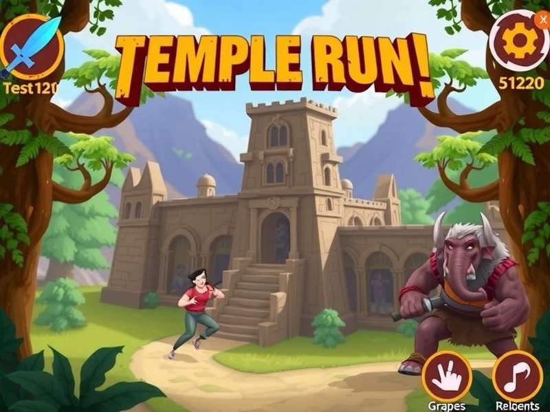 Temple Run Game Online gameplay screenshot showing character running through ancient ruins