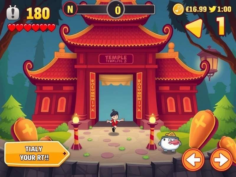 Poki Temple Run gameplay screenshot showing character running on temple ruins
