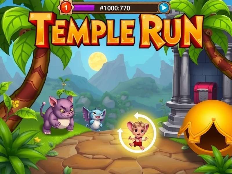 Temple Run gameplay scene showing explorer running from demonic monkeys in an ancient Indian temple