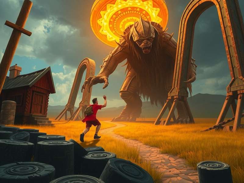 Temple Run Monster In Real Life – conceptual illustration of the demon beast chasing a runner through an Indian temple ruin
