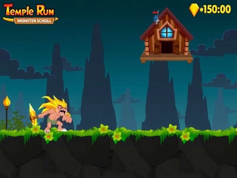 Temple Run Monster School gameplay screenshot showing the protagonist evading a stone monster in a torch-lit temple corridor