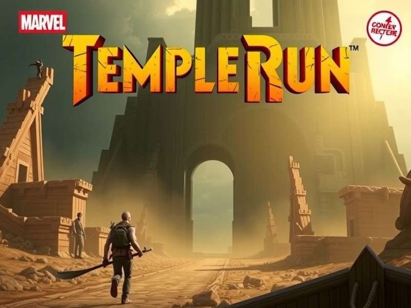 Temple Run Movie still showing the protagonist running through an ancient Indian temple corridor with golden artefacts and torches