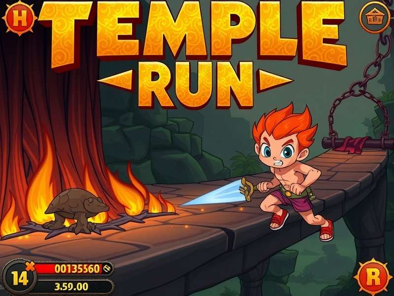 Temple Run gameplay showing a character running through an ancient temple with coins and obstacles